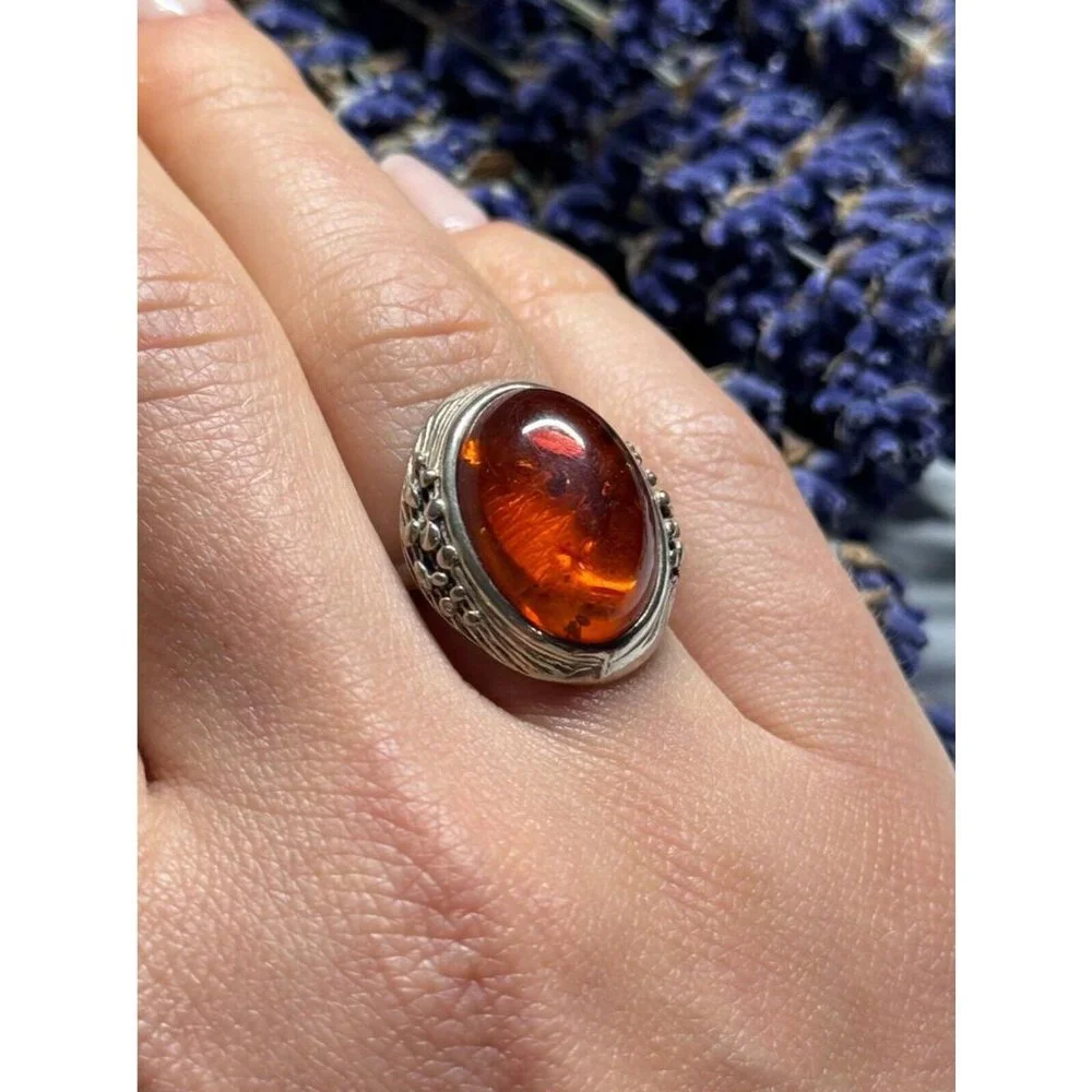 925 STERLING SILVER AMBER RING SIZE 6